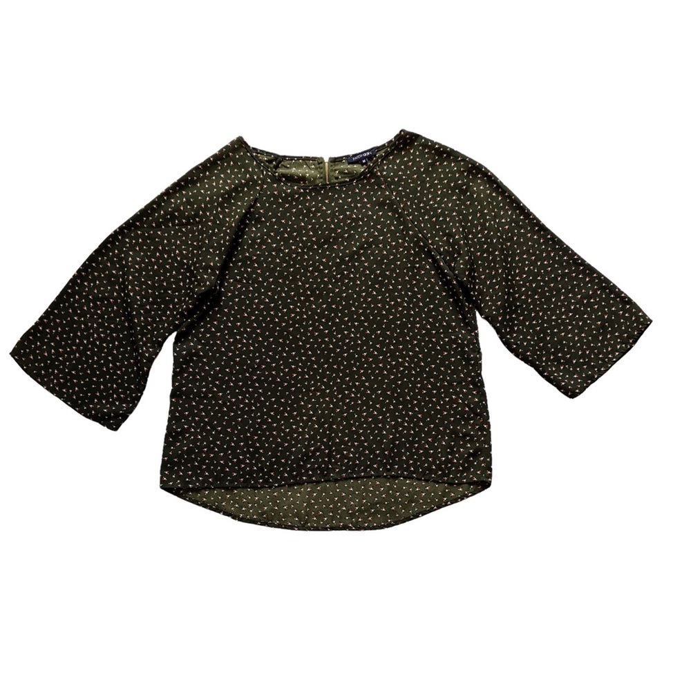 Anthropologie Paper Moon Blouse Floral Ditzy Pattern Olive Army Green High-Low